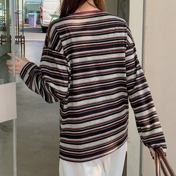 Burgundy Women's Casual Preppy Striped Print Crew Neck T-Shirt - Picture 2 of 8